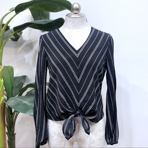Monteau Striped Open Sleeve Tie-Front Top